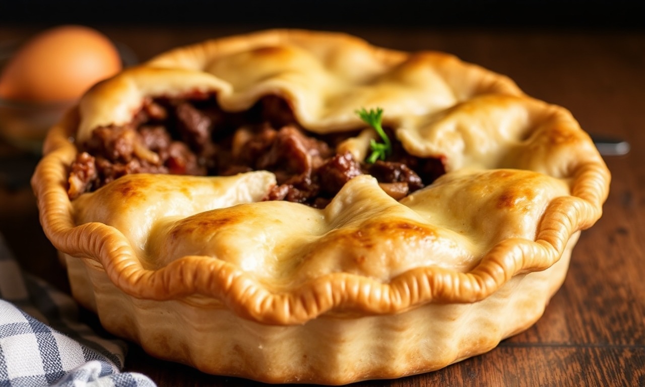 Beef & Onion Pie with flaky golden pastry, savory beef and caramelized onions in a baking dish.