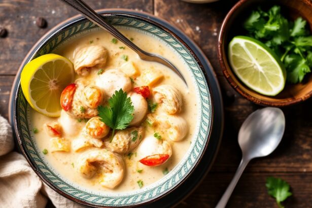 Creamy coconut stew with seafood and chicken in a one-pot comfort recipe.