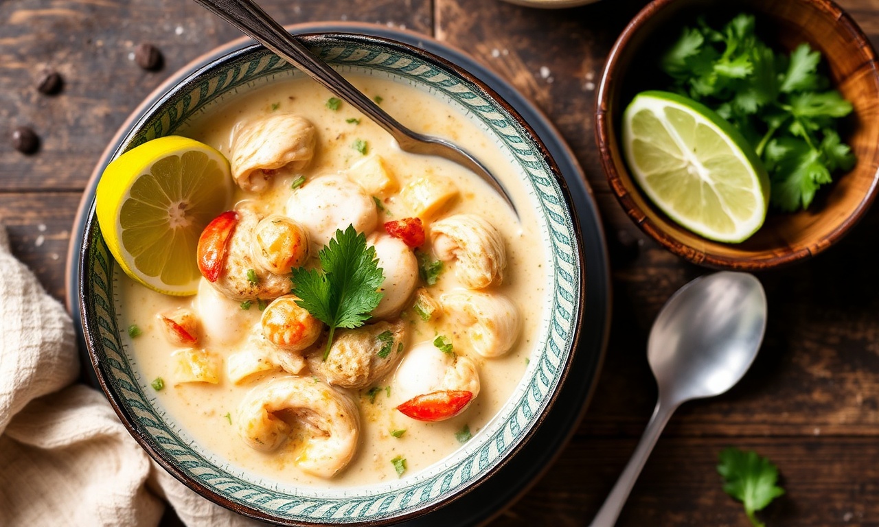 Creamy coconut stew with seafood and chicken in a one-pot comfort recipe.