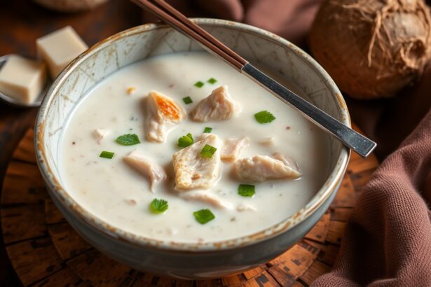 وعاء شوربة دجاج عطرية وجالانجال مع حليب جوز الهند كريمي، وصفة شهية.