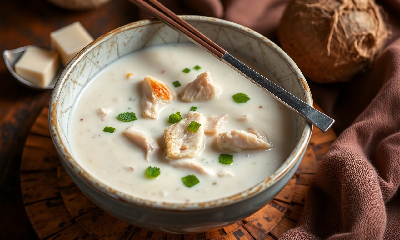 وعاء شوربة دجاج عطرية وجالانجال مع حليب جوز الهند كريمي، وصفة شهية.