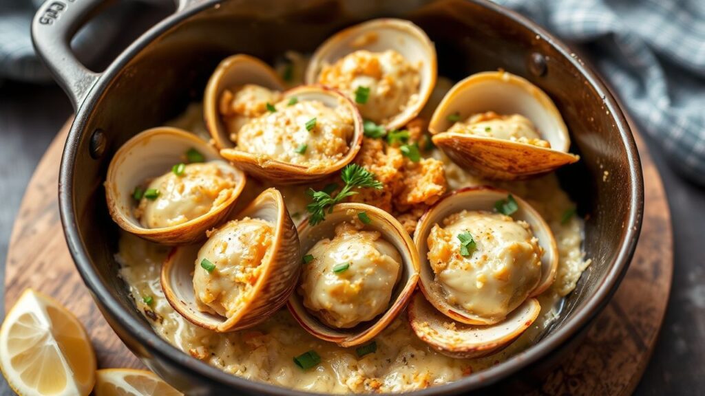 Clams baked with golden Parmesan crust