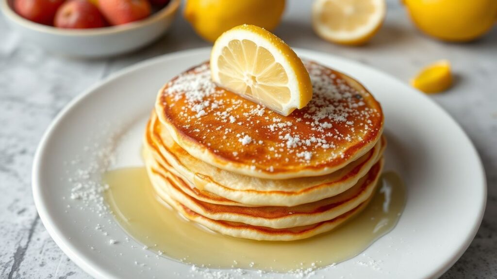 Fluffy Dutch baby pancake with lemon and sugar, zesty breakfast served hot