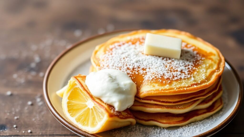 Lemon sugar fluffy Dutch baby pancake on a plate, bright breakfast dessert