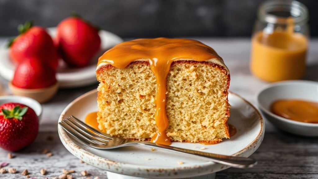 Sticky Toffee Pudding with glossy golden toffee sauce and tender cake texture.