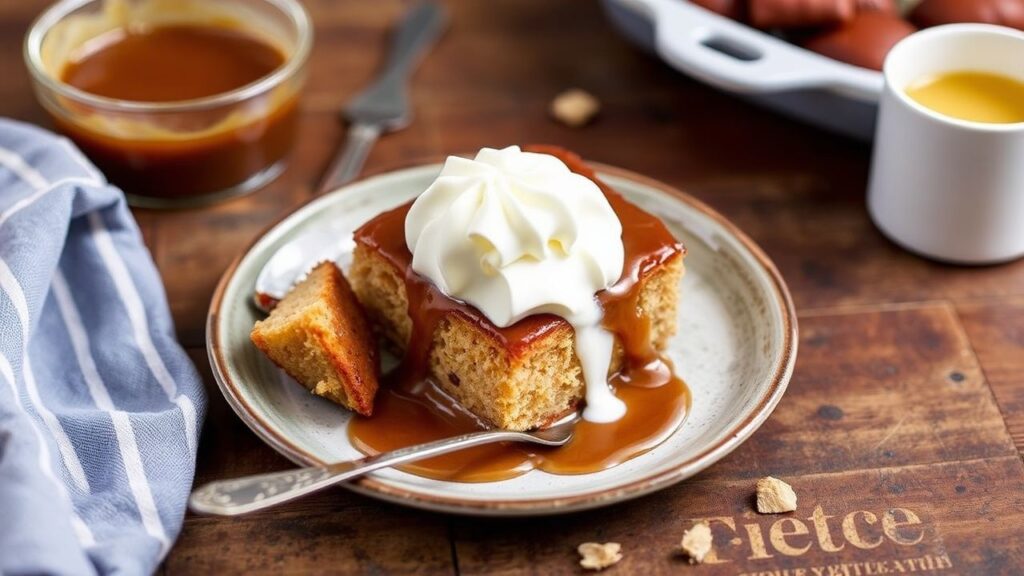 Sticky Toffee Pudding served warm with golden toffee layer.