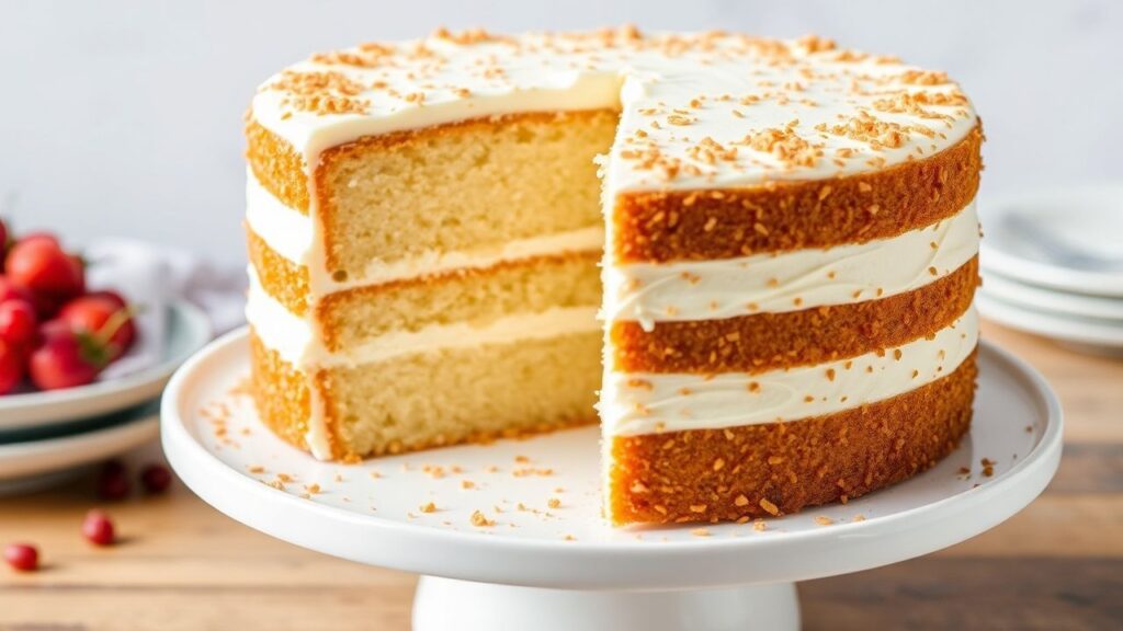 Gluten-free vanilla cake, golden and tender, baked with care.