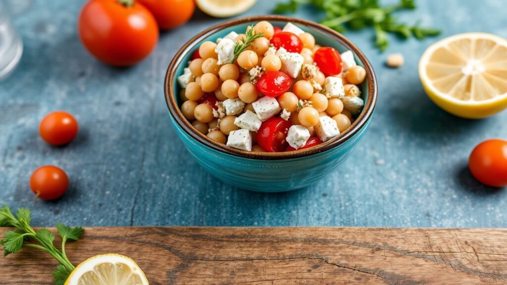 Greek chickpea salad with feta and lemon in a Mediterranean setting