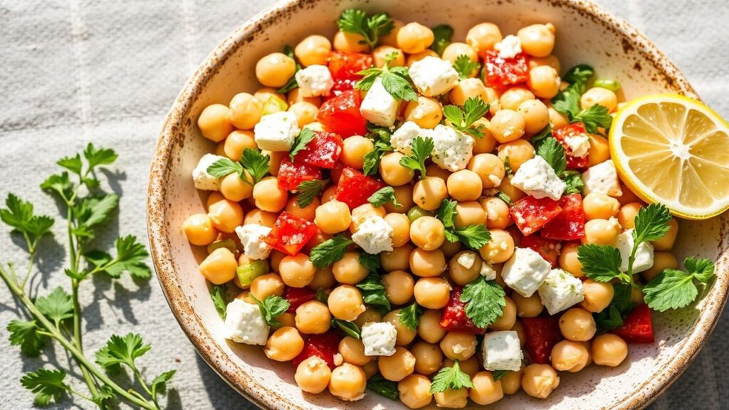 Mediterranean salad with feta, chickpeas, and lemon