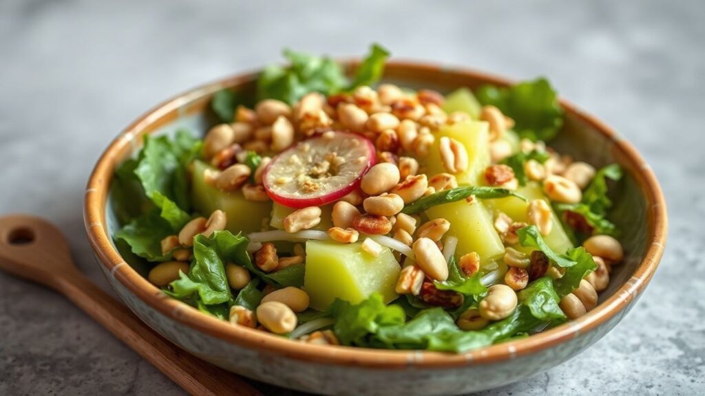 Zesty green papaya salad with crunchy peanuts, fresh lime and chili flavors