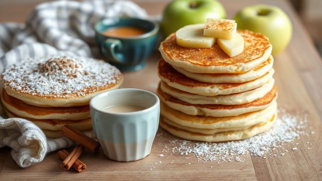 Fluffy cinnamon apple pancakes with warm spice aroma for a cozy breakfast