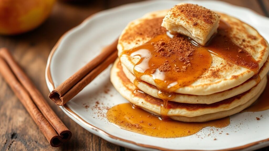 Cozy breakfast pancakes topped with cinnamon apple flavors