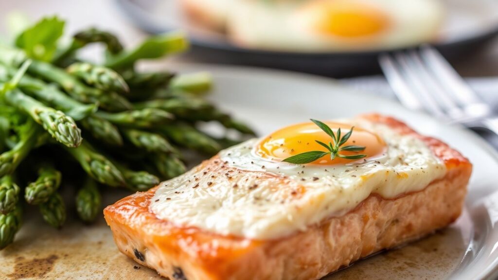 Smoked salmon and asparagus egg bake in a casserole dish