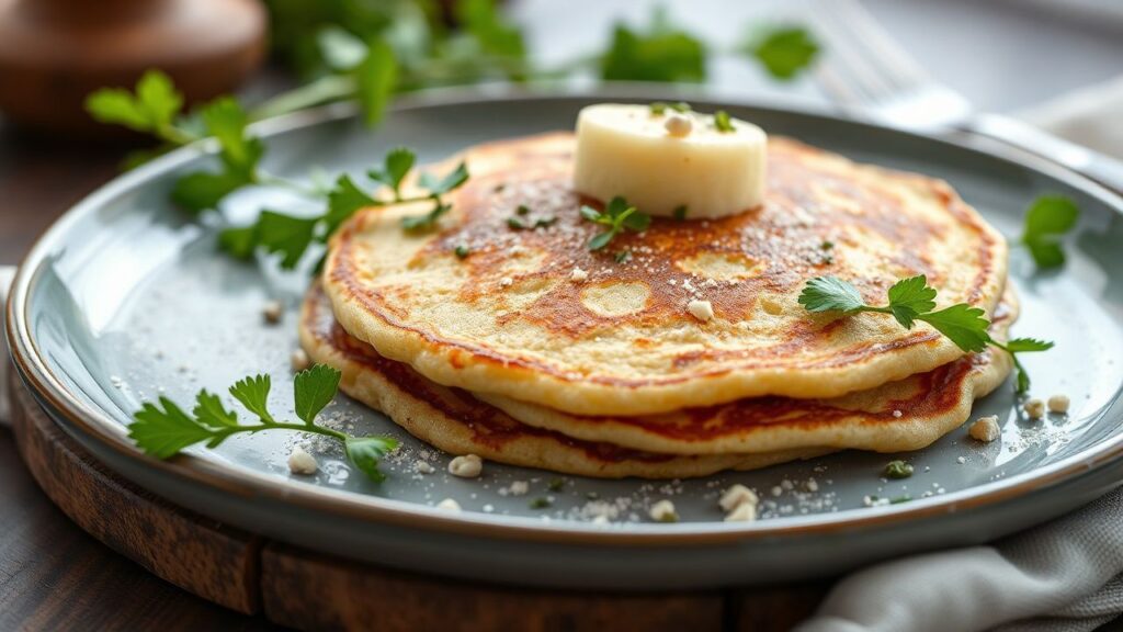 Fluffy chickpea flour pancakes with fresh herbs on a skillet and ready to serve