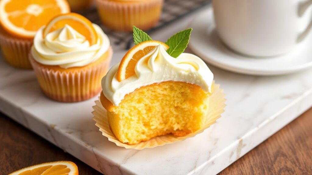 Orange creamsicle style cupcakes with bright orange zest garnish