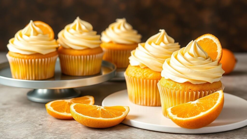 Orange creamsicle cupcakes on a serving platter with citrus zest garnish