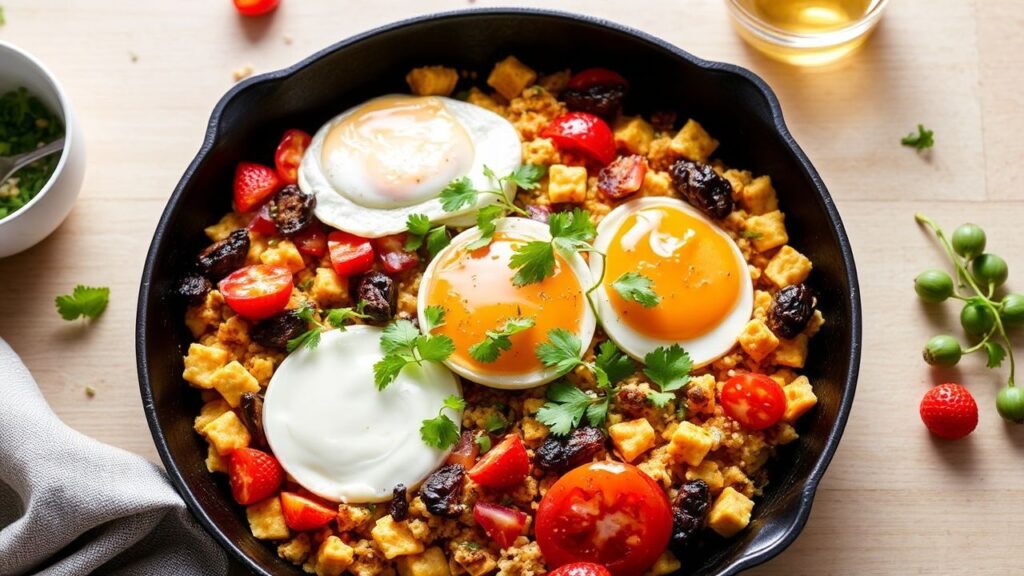 Another view of a sheet-pan sunrise sizzle vegan breakfast hash with roasted vegetables.