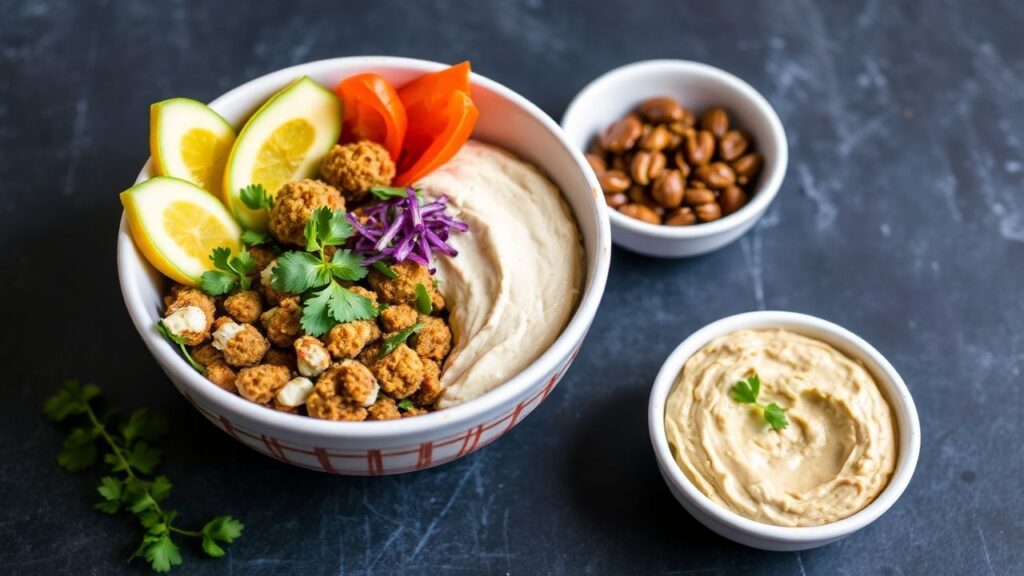 Falafel and hummus power bowl with fresh vegetables and bright lemon notes