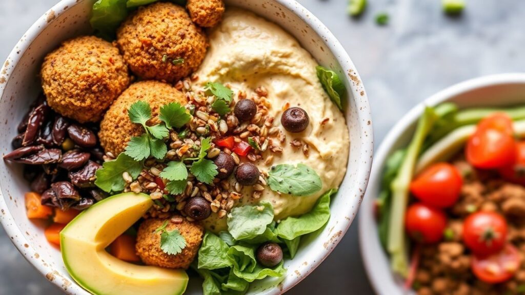 Healthy falafel and hummus bowl with balanced vegetables