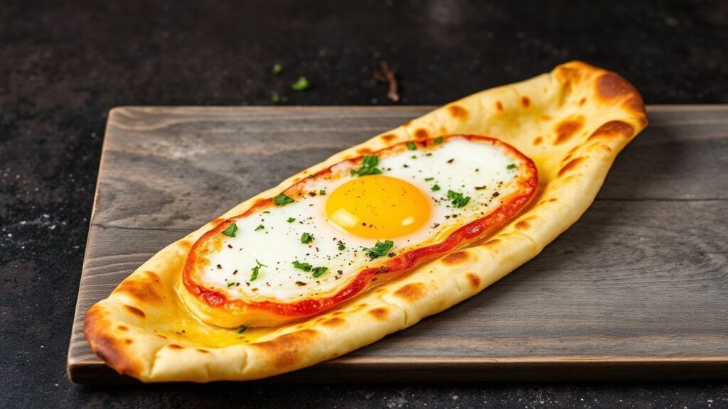 Thin boat-shaped flatbread filled with cheese and egg, golden and comforting