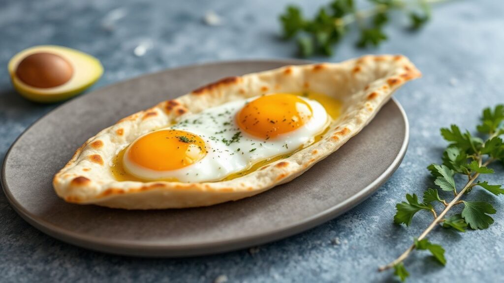 Savoring thin boat-shaped flatbreads with cheese and egg