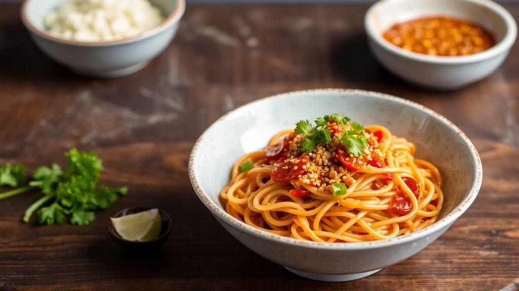 Fiery Vegan Dan Dan Noodles with spicy sesame sauce and Sichuan peppercorns