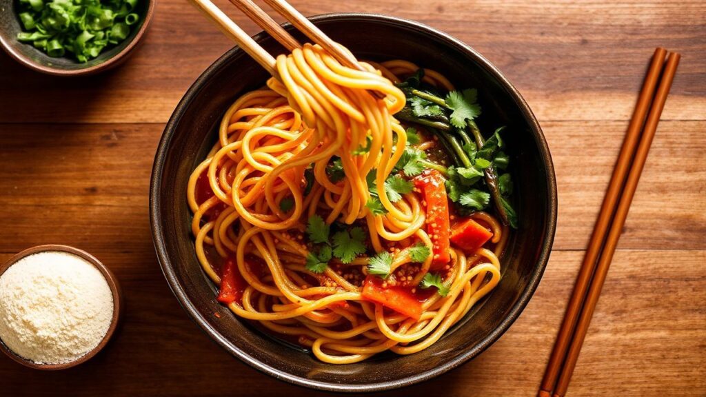 Vegan spicy dan dan noodles bowl with sesame sauce and chili oil