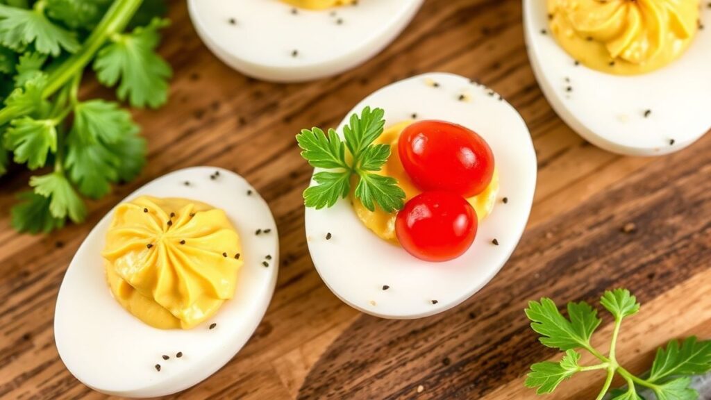 Creamy deviled eggs with a Greek yogurt twist—tangy filling in tender egg whites