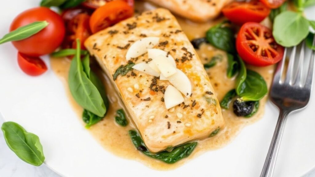 Creamy Tuscan Salmon Skillet in a skillet with spinach and tomatoes