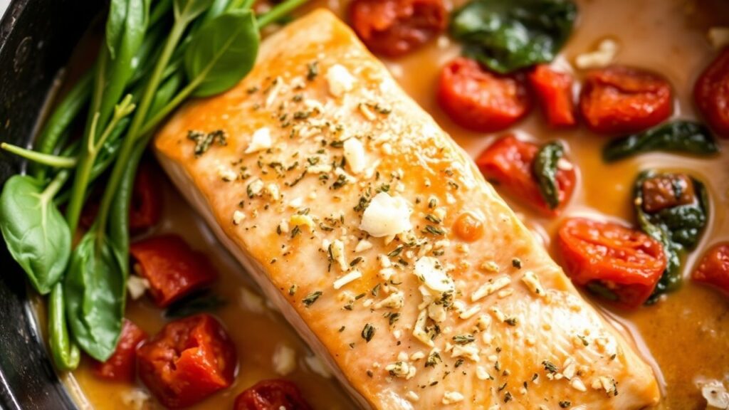 Creamy Tuscan Salmon Skillet served with basil and tomatoes