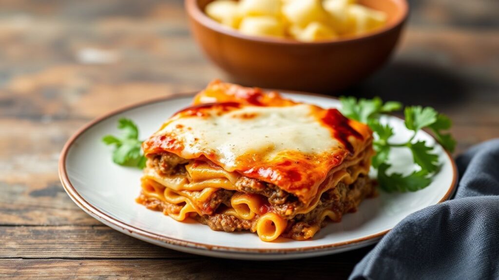 Baked savory beef and sweet plantain lasagna with golden cheese top.