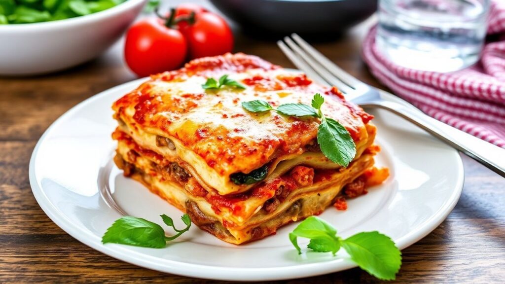 Close-up of baked savory beef and sweet plantain lasagna with cheesy layers.