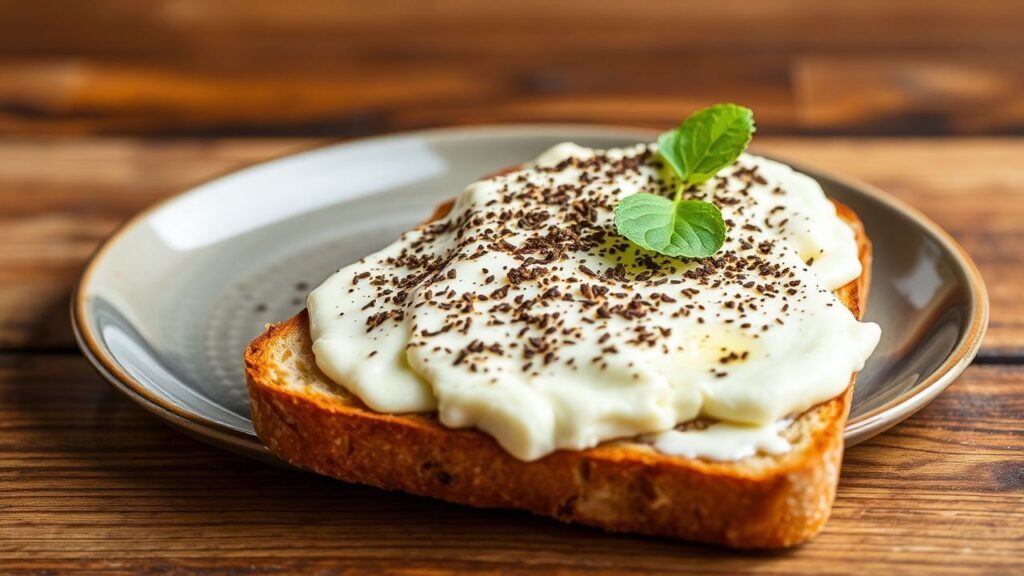 لقطة مقربة لتوست مفتوح مغطى بإضافات مالحة شهية، دافئ وقرمشي لذة irresistibly comforting.