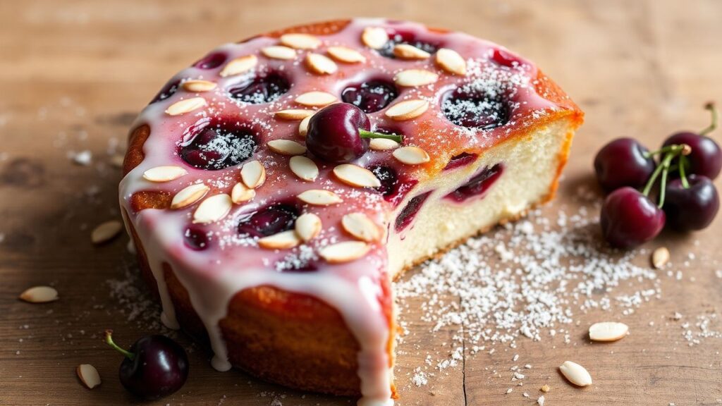 Cherry almond upside-down cake on a plate with caramel topping and visible cherries