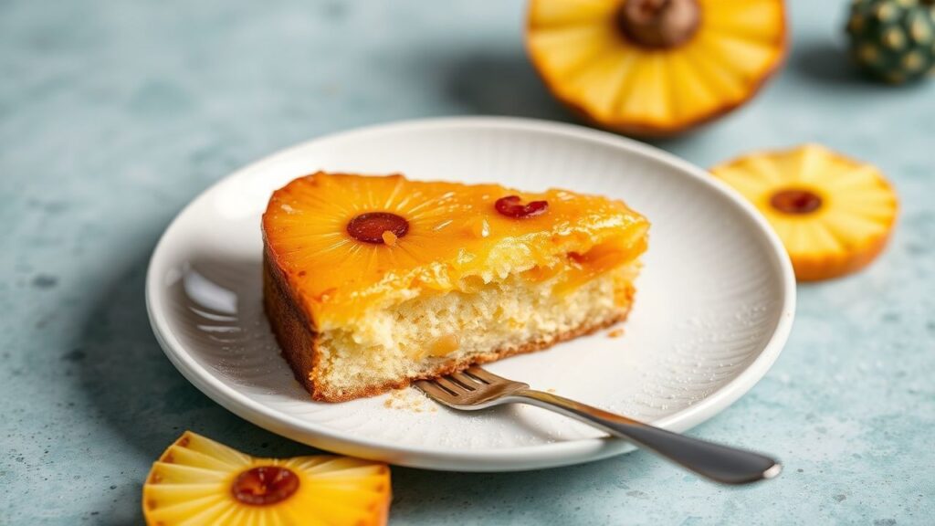 Vegan pineapple upside-down cake with caramel glaze, tropical presentation—golden fruit on top.