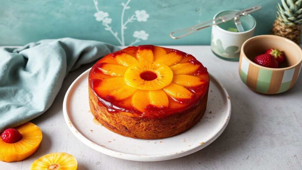 Caramelized pineapple topping on a vegan upside-down cake, glossy and golden.
