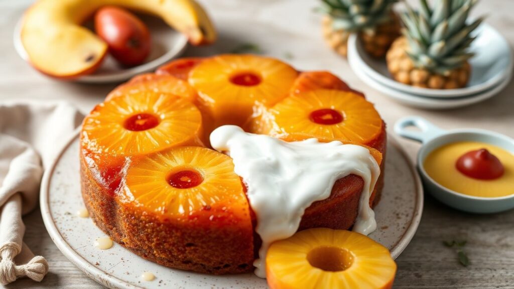 Vegan pineapple upside-down cake with glossy caramel and pineapple rings, ready to slice.
