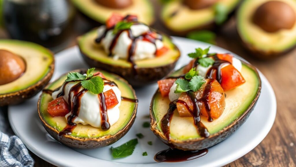 Avocados stuffed with Caprese ingredients and topped with zesty balsamic drizzle