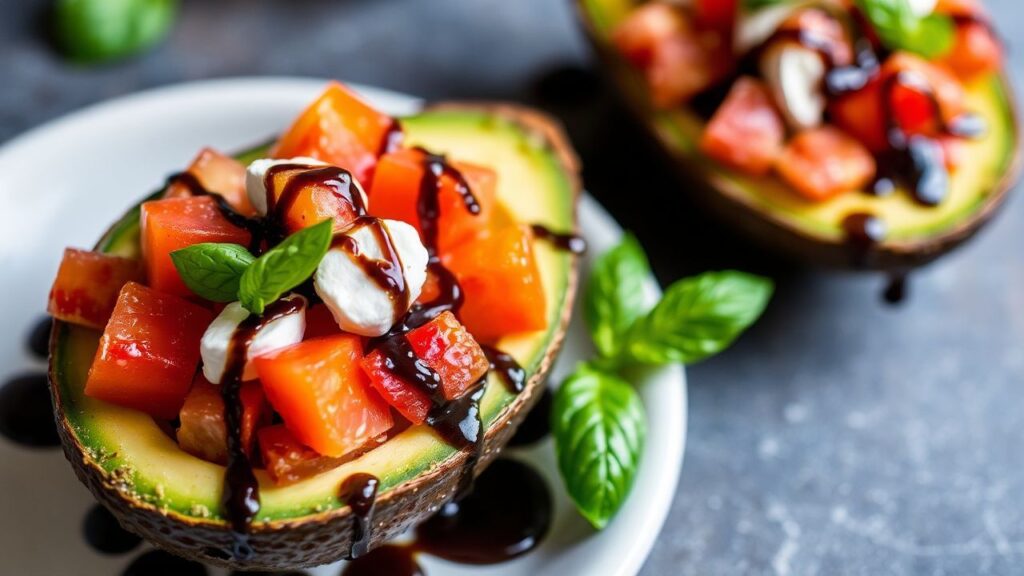 Caprese filling with tomatoes and mozzarella inside avocado halves