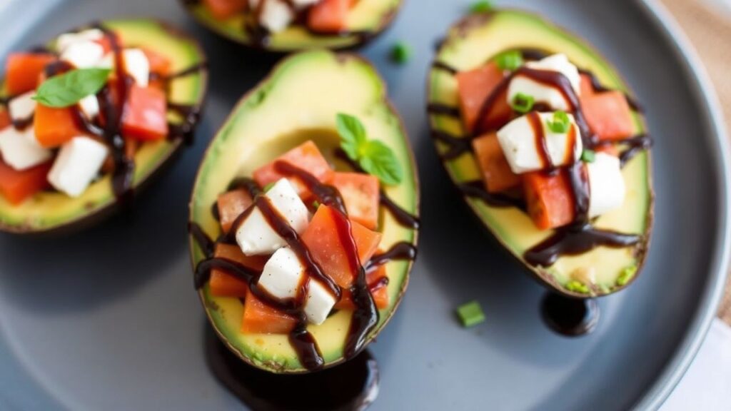 Caprese ingredients stuffed into avocado with a balsamic drizzle