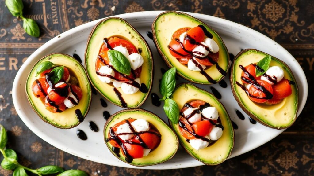 Caprese-stuffed avocados topped with zesty balsamic drizzle