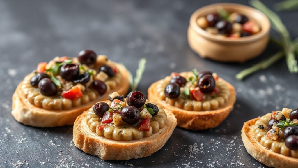 Crunchy crostini topped with flavorful savory olive tapenade, garnished with fresh herbs.