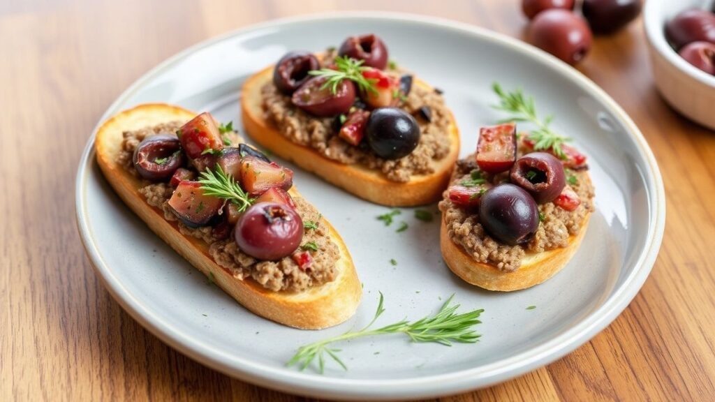 Savory olive tapenade crostini with Mediterranean flavor in every bite.