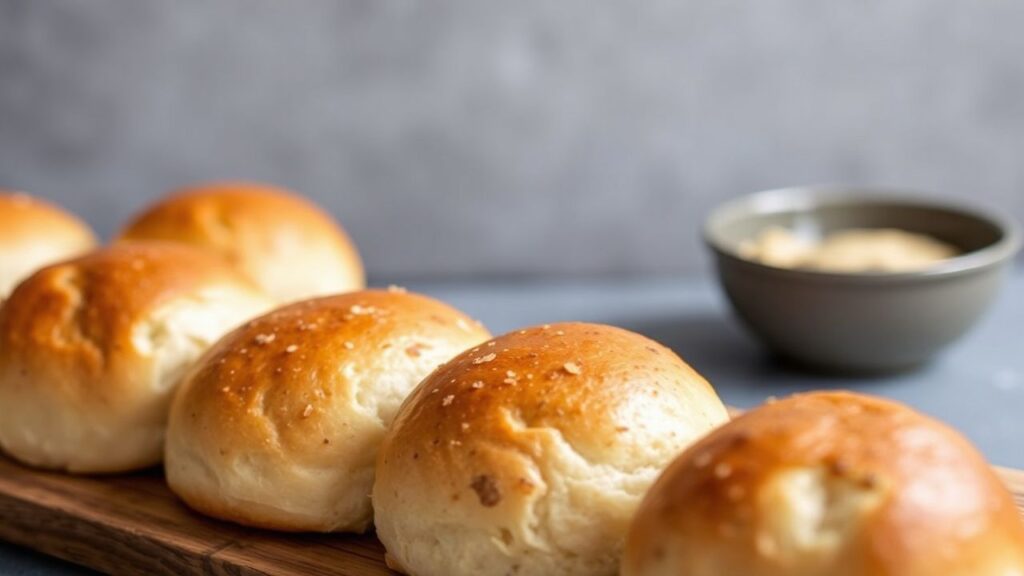 Warm vegan dinner rolls with golden crust.