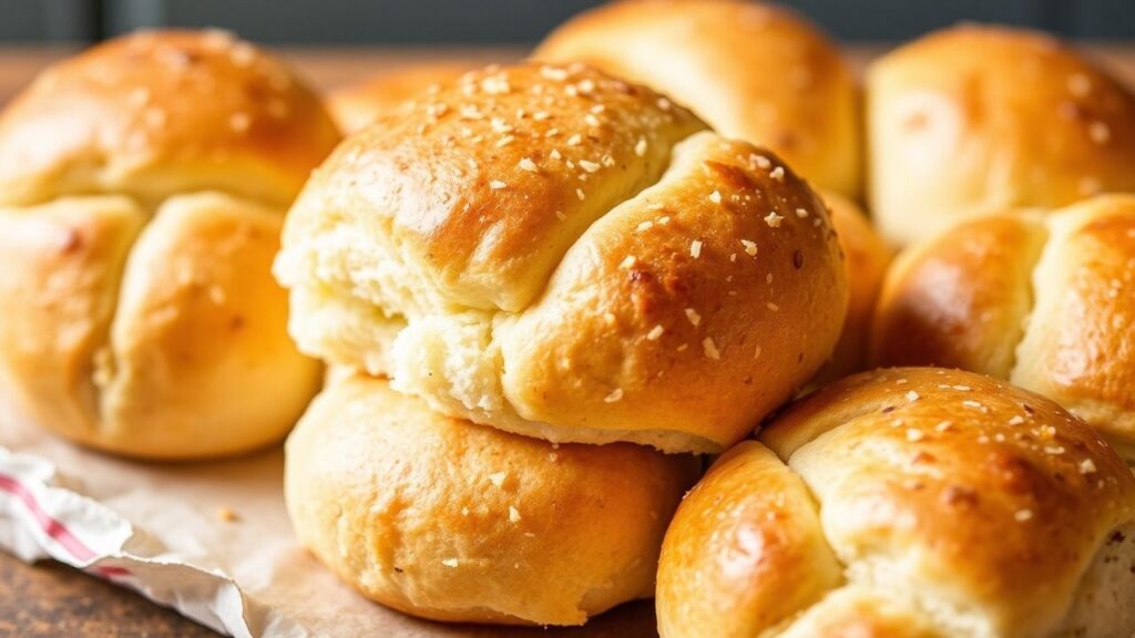 Fluffy vegan dinner rolls cooling on a rack.