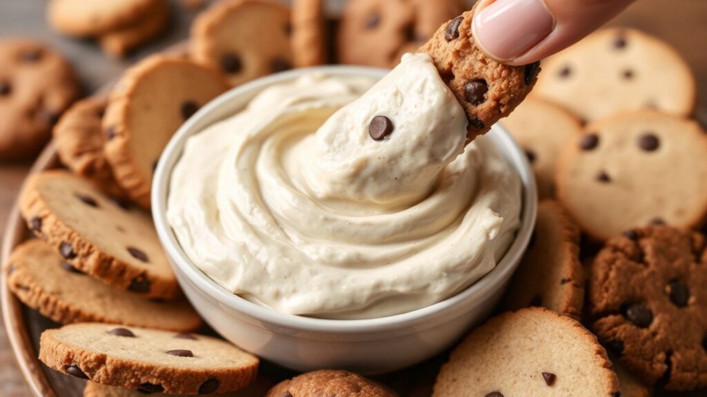 Greek yogurt cookie dough dip in a creamy bowl
