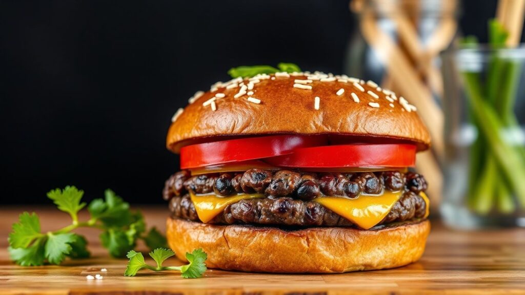 Healthy black bean burger with fresh herbs and a toasted whole-grain bun.