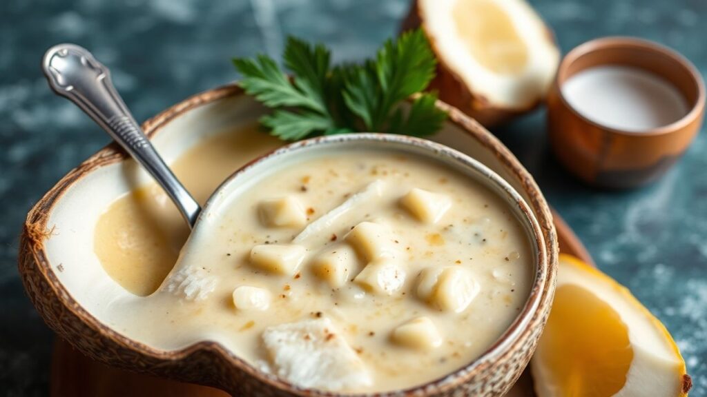 Creamy jackfruit stew with coconut milk in tropical setting
