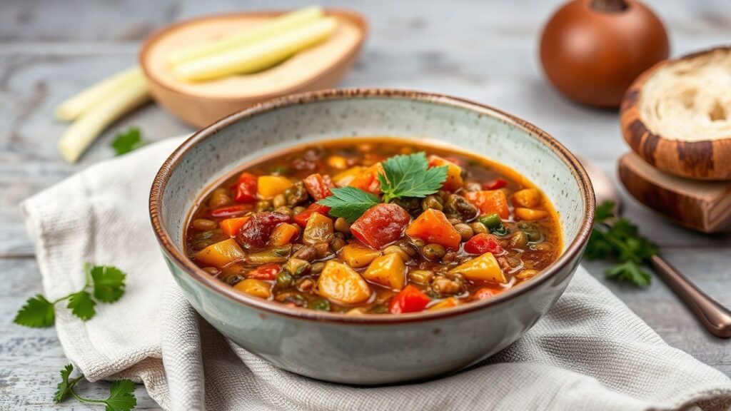 Delicious healthy lentil and vegetable stew in a pot for cozy winter meals