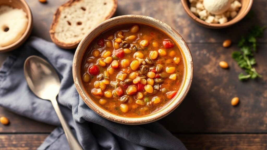 Steaming bowl of healthy lentil and vegetable stew with fresh herbs